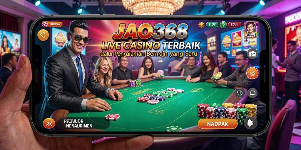Tampilan gameplay JAGO368 menunjukkan dealer yang ramah dan suasana kasino yang dinamis.