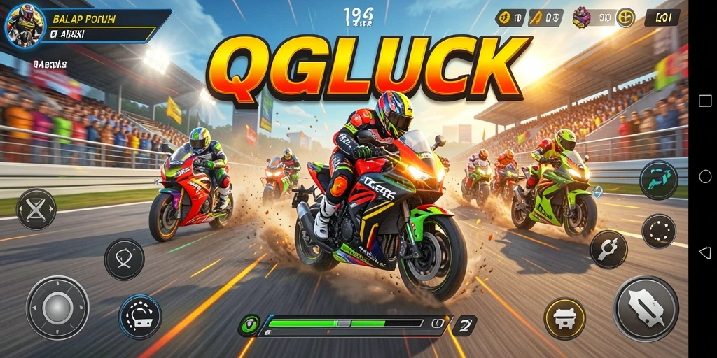 Tampilan gameplay QGLUCK yang seru dan mendebarkan di trek balap.