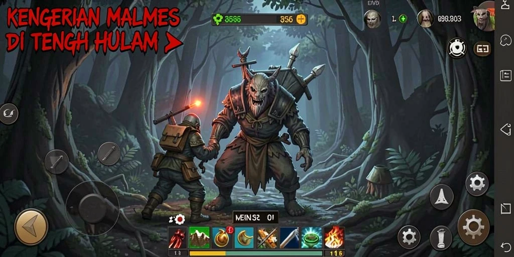 Screenshot gameplay REJEKIGAMES menampilkan suasana horor yang mencekam.